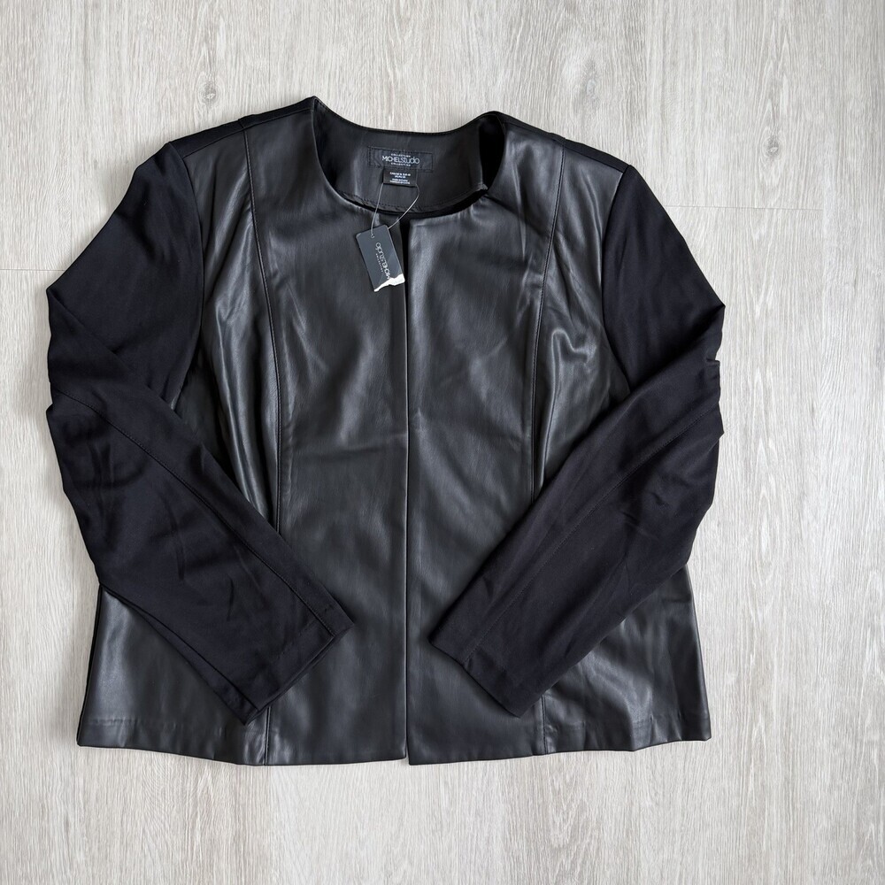 Michel Studio Faux Leather & Knit Mixed Media Open Jacket Black Plus Size 16 NWT